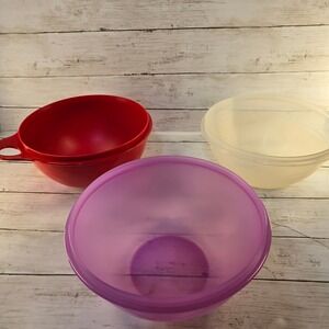 Tupperware Mixing Bowl Set of 3 Red 12 Cup Purple Cream Plastic Made in USA